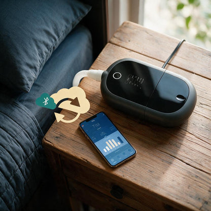 A black and gray portable device with a thin antenna sits on a rustic wooden bedside table next to a smartphone displaying a control app, with a bed visible in the background.