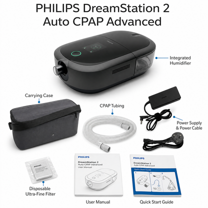 Philips DreamStation 2 Auto CPAP Advanced kit on a white background, showing the black CPAP machine, carrying case, CPAP tubing, power supply and cable, disposable ultra-fine filter, user manual, and quick start guide with callout labels.