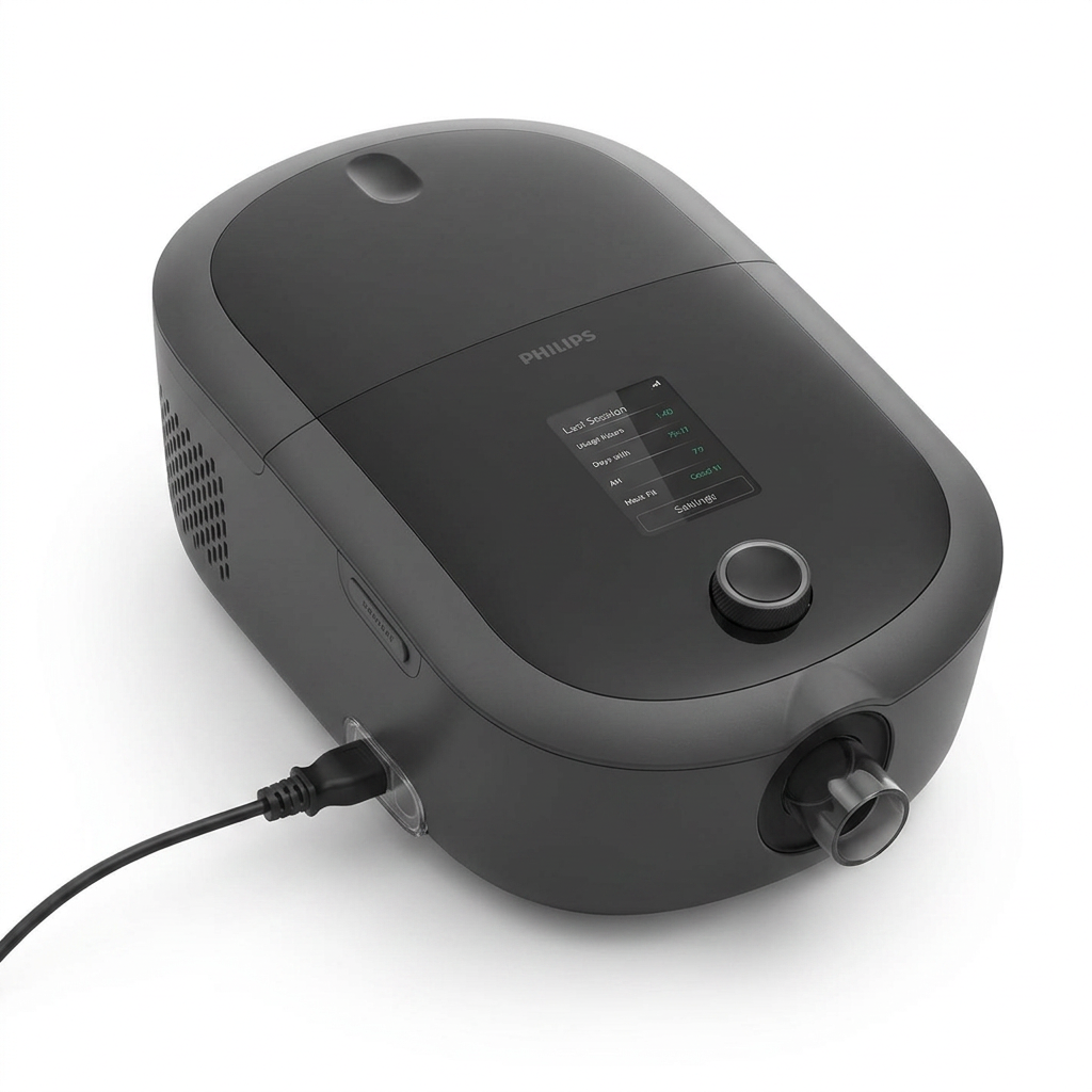 A Philips air pump device in matte black, featuring a digital display screen, a rotary dial, and a power cord, shown on a clean white background.