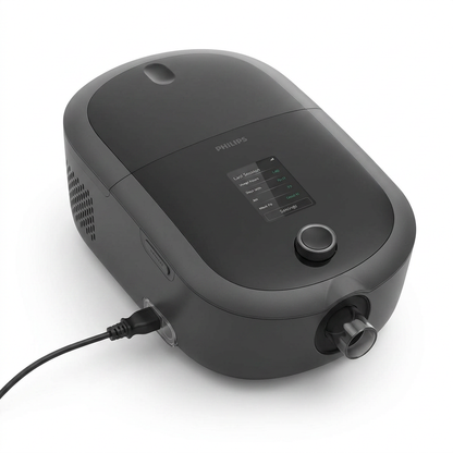 A Philips air pump device in matte black, featuring a digital display screen, a rotary dial, and a power cord, shown on a clean white background.