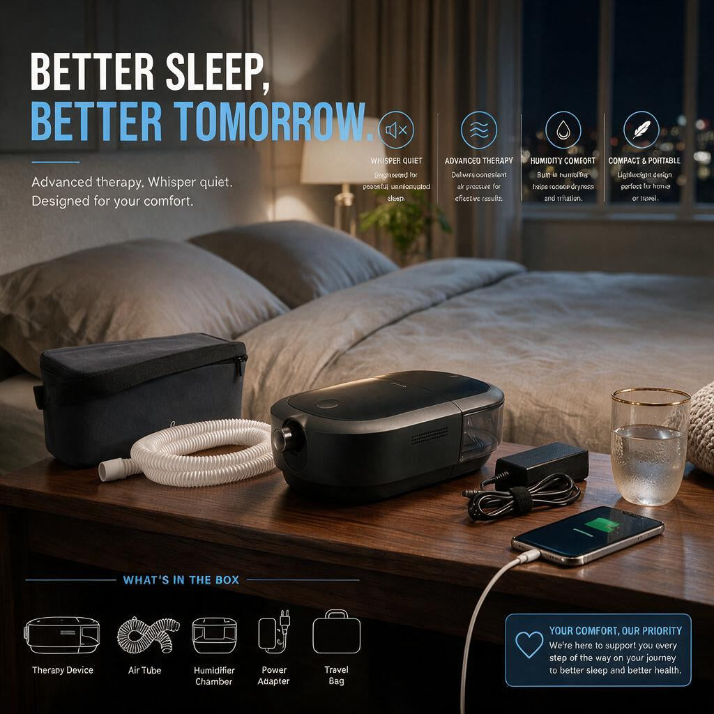 A sleep therapy device set displayed on a wooden bedside table in a bedroom setting, including a black travel bag, white tubing, a black main device, a power adapter, and a smartphone showing a charging connection. The scene is styled with promotional text overlays highlighting features like 'Better Sleep, Better Tomorrow' and icons for interior design, advanced therapy, humidity control, and compactness.