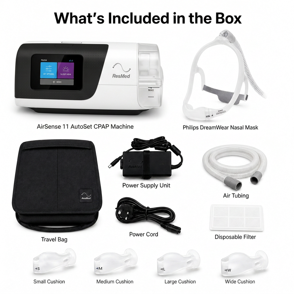 Box contents overview for an RespMod AirSense 11 AutoSet CPAP machine, showing the main CPAP unit, Philips DreamWear nasal mask, travel bag, power supply unit, air tubing, disposable filter, and multiple pillow sizes on a white background with labeled callouts.