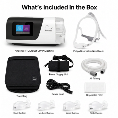 Box contents overview for an RespMod AirSense 11 AutoSet CPAP machine, showing the main CPAP unit, Philips DreamWear nasal mask, travel bag, power supply unit, air tubing, disposable filter, and multiple pillow sizes on a white background with labeled callouts.