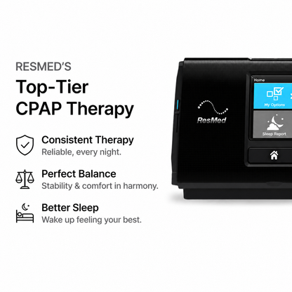 ResMed CPAP therapy machine shown on a clean white background with marketing text on the left. The device is black with a small blue and gray display screen and visible ResMed branding.
