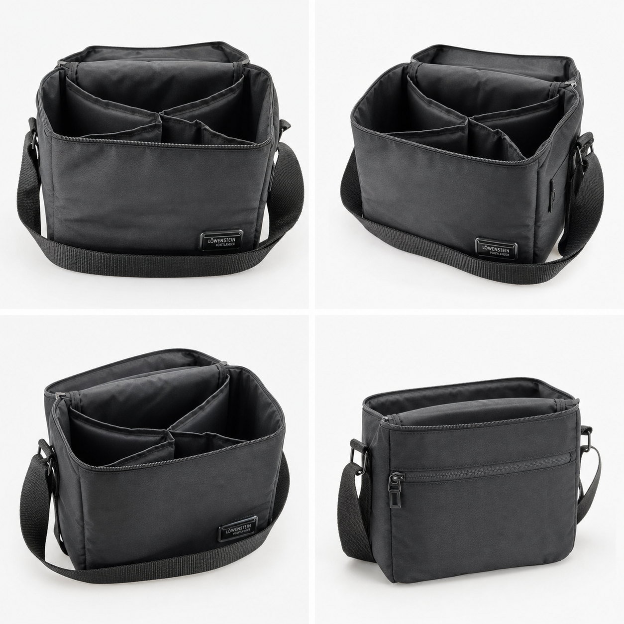 A black crossbody bag shown in four views on a light gray background, highlighting its interior organizer compartments, front pocket, and strap details.