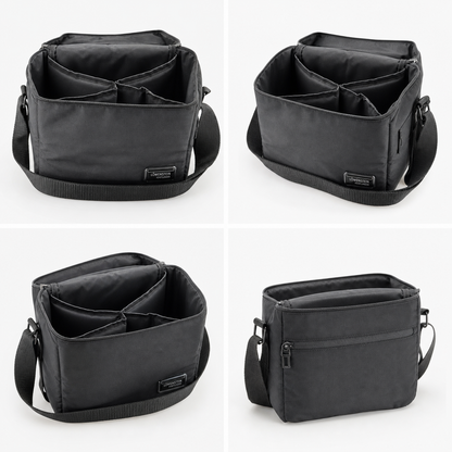 A black crossbody bag shown in four views on a light gray background, highlighting its interior organizer compartments, front pocket, and strap details.