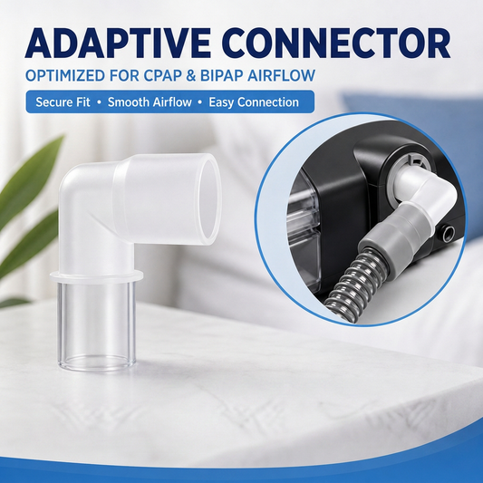 White and clear plastic adaptive connector for CPAP and BIPAP airflow, shown on a white surface with a circular inset demonstrating connection to a black device.