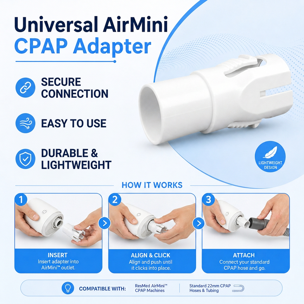 A promotional graphic for a Universal AirMini CPAP Adapter, showing the white plastic adapter device on a light blue background with text highlighting key features like secure connection, easy to use, and durable lightweight design. Below, a 'HOW IT WORKS' section includes three numbered hand demonstration photos showing how to insert, align, and attach the adapter.
