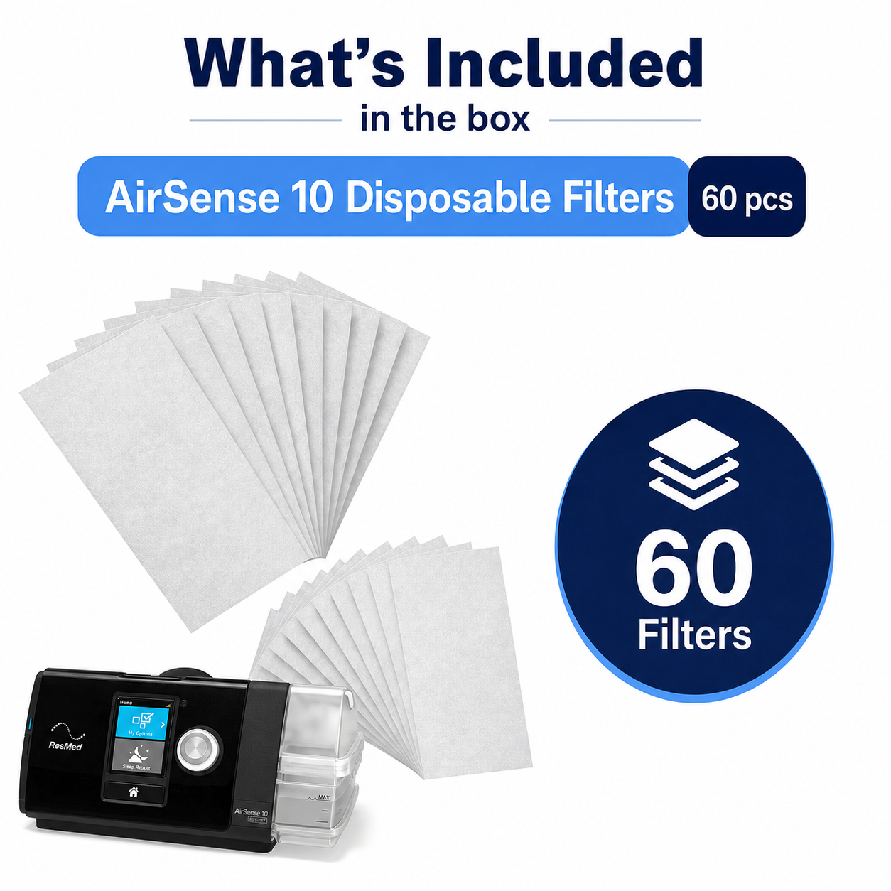 AirSense 10 disposable filters set of 60 pieces, shown with a black and clear respiratory device and multiple white filter sheets on a white background, with text reading 'What's Included in the box' and 'AirSense 10 Disposable Filters 60 pcs'.