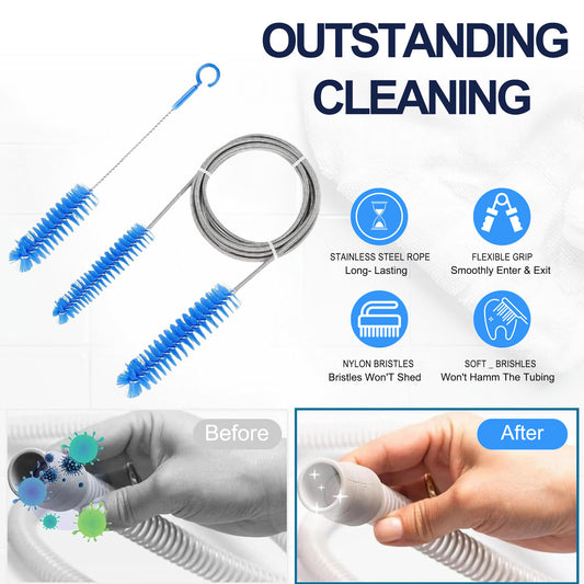 Cleaning tool with blue bristles and stainless steel rope, showing cleaning before and after effects.