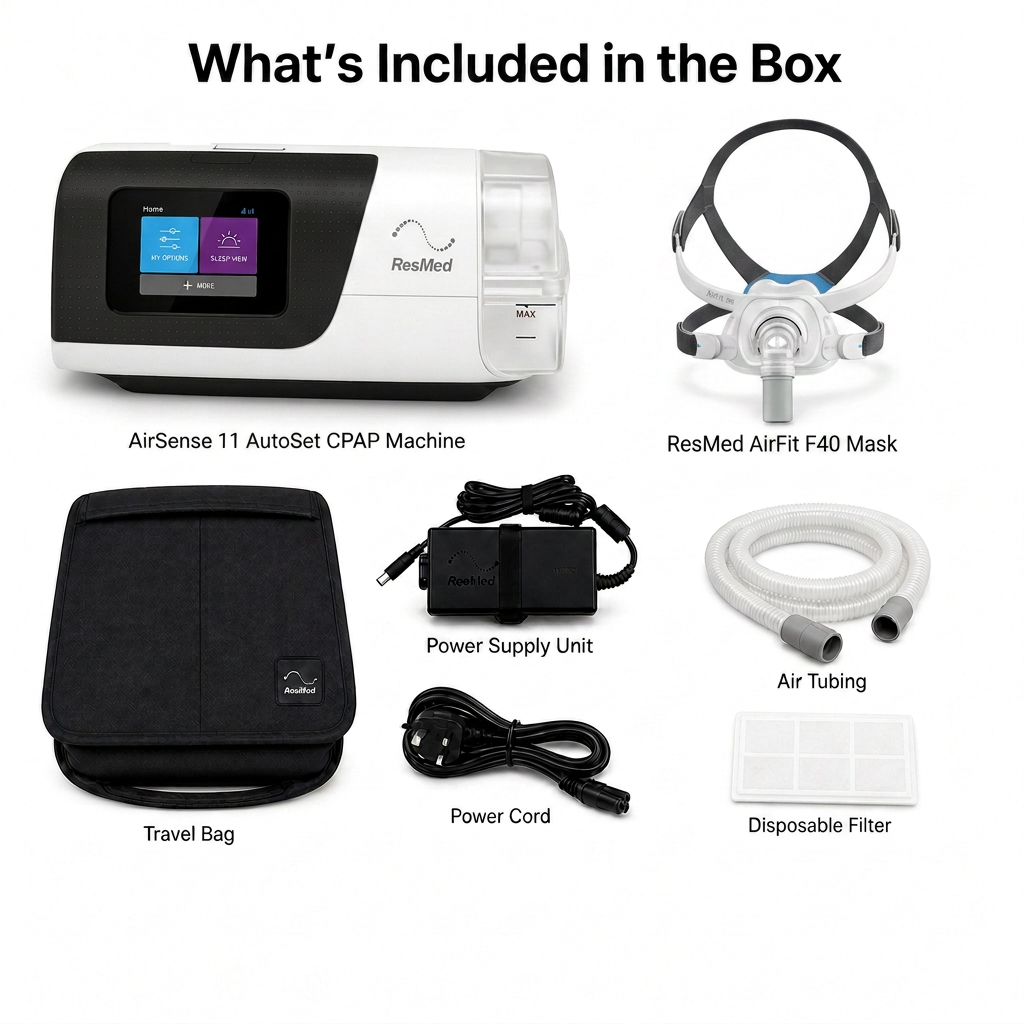 ResMed CPAP accessory kit labeled 'What's Included in the Box' on a white background, showing the AirSense 11 AutoSet CPAP machine, ResMed AirFit mask, travel bag, power supply unit, power cord, air tubing, and disposable filter with text labels.