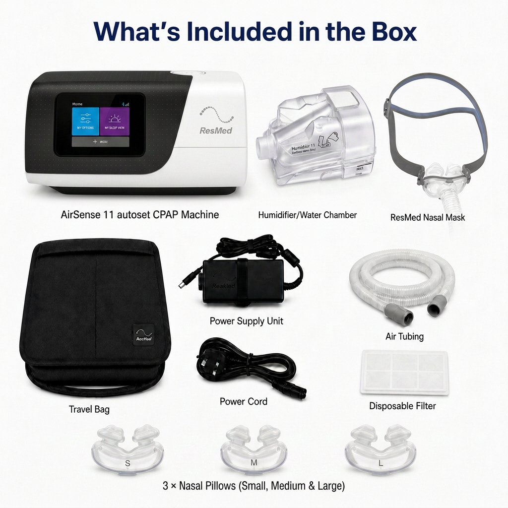 ResMed CPAP kit accessories and included components displayed on a white background with text labels: AirSense 11 autoset CPAP machine, humidifier/water chamber, nasal mask, travel bag, power supply unit, power cord, air tubing, disposable filter, and three nasal pillows.
