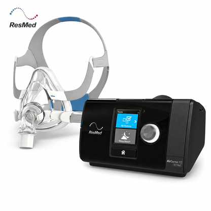 ResMed AirSense 10 CPAP machine in black with a color display screen and a clear sleep mask with a gray and blue head strap, shown on a white background with the ResMed logo.