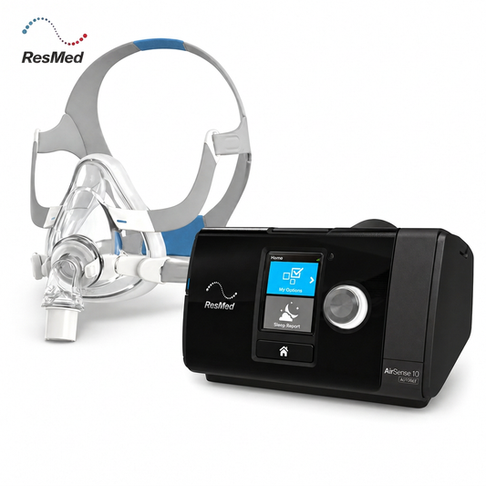 ResMed AirSense 10 CPAP machine in black with a color display screen and a clear sleep mask with a gray and blue head strap, shown on a white background with the ResMed logo.