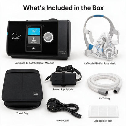 ResMed AirSense 10 AutoSet CPAP machine shown with included accessories on a white background: AirTouch F20 full face mask, power supply unit, travel bag, power cord, air tubing, and disposable filter, with the heading 'What's Included in the Box'.