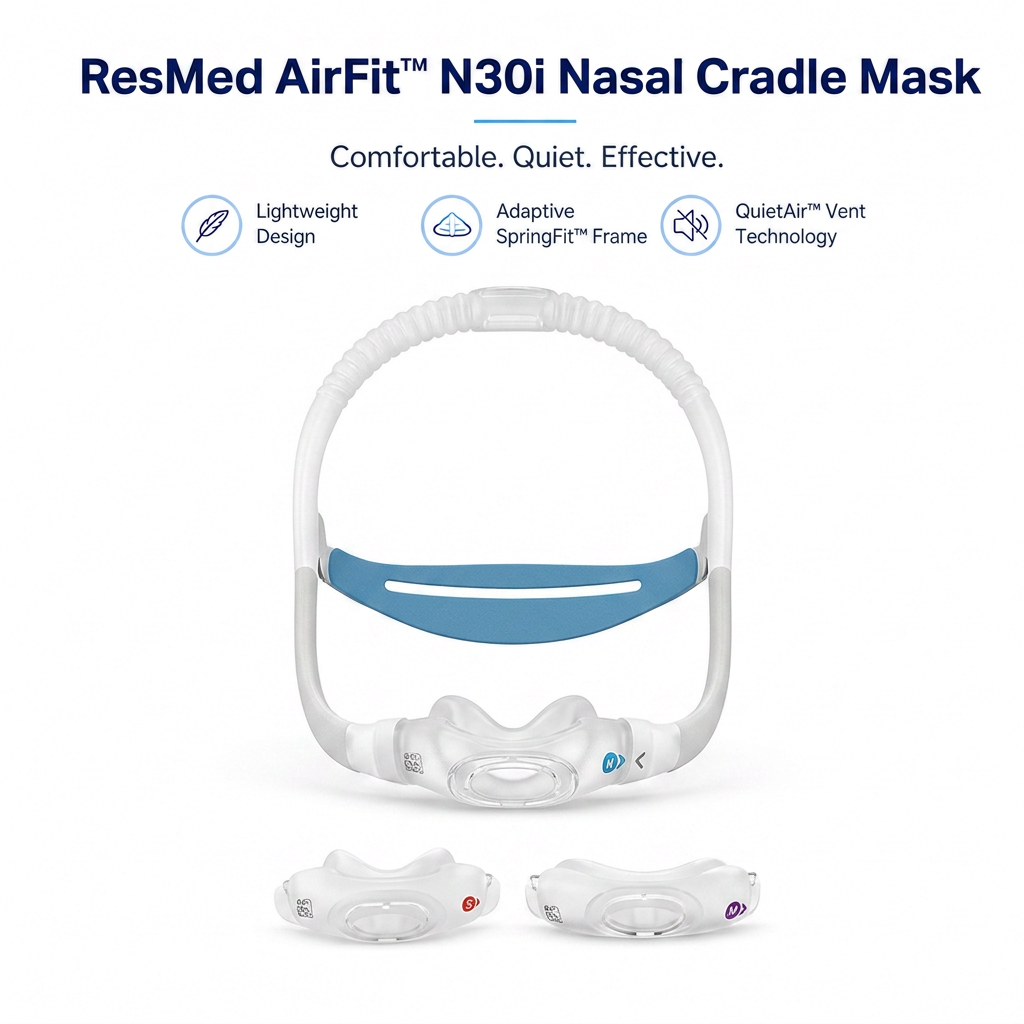 ResMed AirFit N30i Nasal Cradle Mask shown on a white background with marketing text and three small accessory masks below. The main mask is white with a blue support strap.