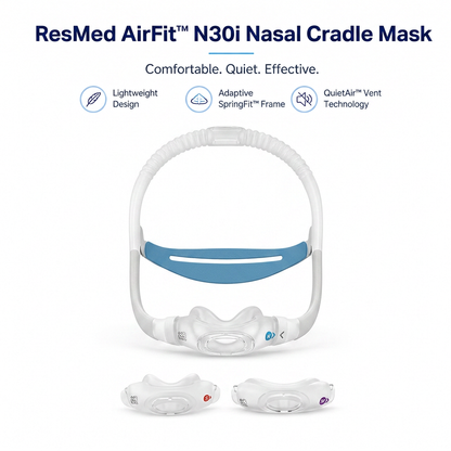 ResMed AirFit N30i Nasal Cradle Mask shown on a white background with marketing text and three small accessory masks below. The main mask is white with a blue support strap.