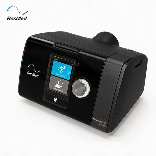 ResMed AirSleeve 10 portable home ventilation device in matte black with a digital display screen and a silver rotary dial, shown on a white background.