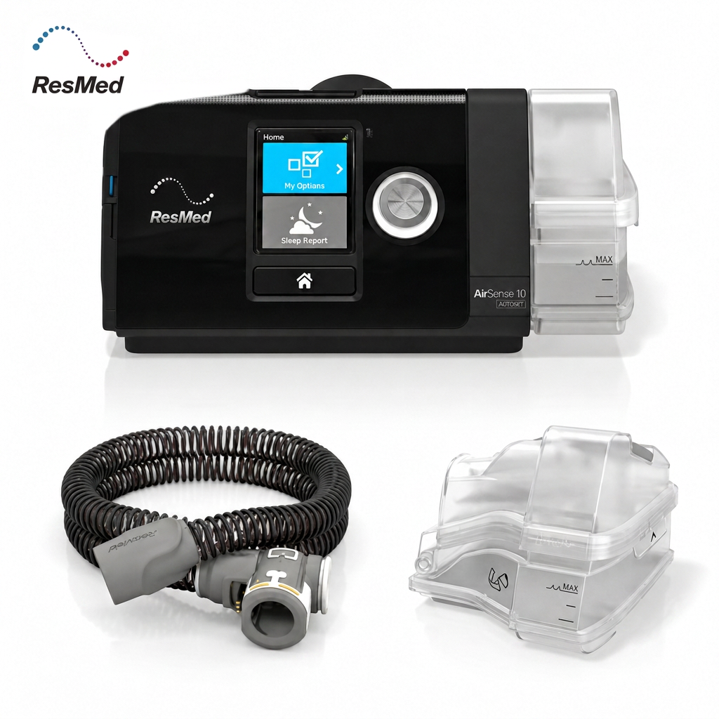 ResMed AirSense 10 CPAP machine with clear face mask and black hose on a white background, with the ResMed logo in the top left corner.