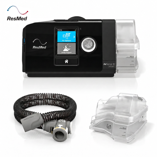 ResMed AirSense 10 CPAP machine with clear face mask and black hose on a white background, with the ResMed logo in the top left corner.