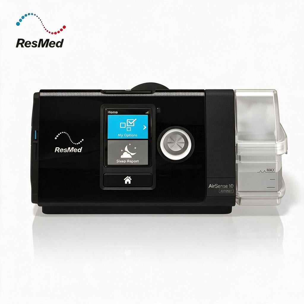 ResMed AirSense 10 CPAP machine in black with a clear reservoir tank, shown on a white background with a ResMed logo in the top left corner.