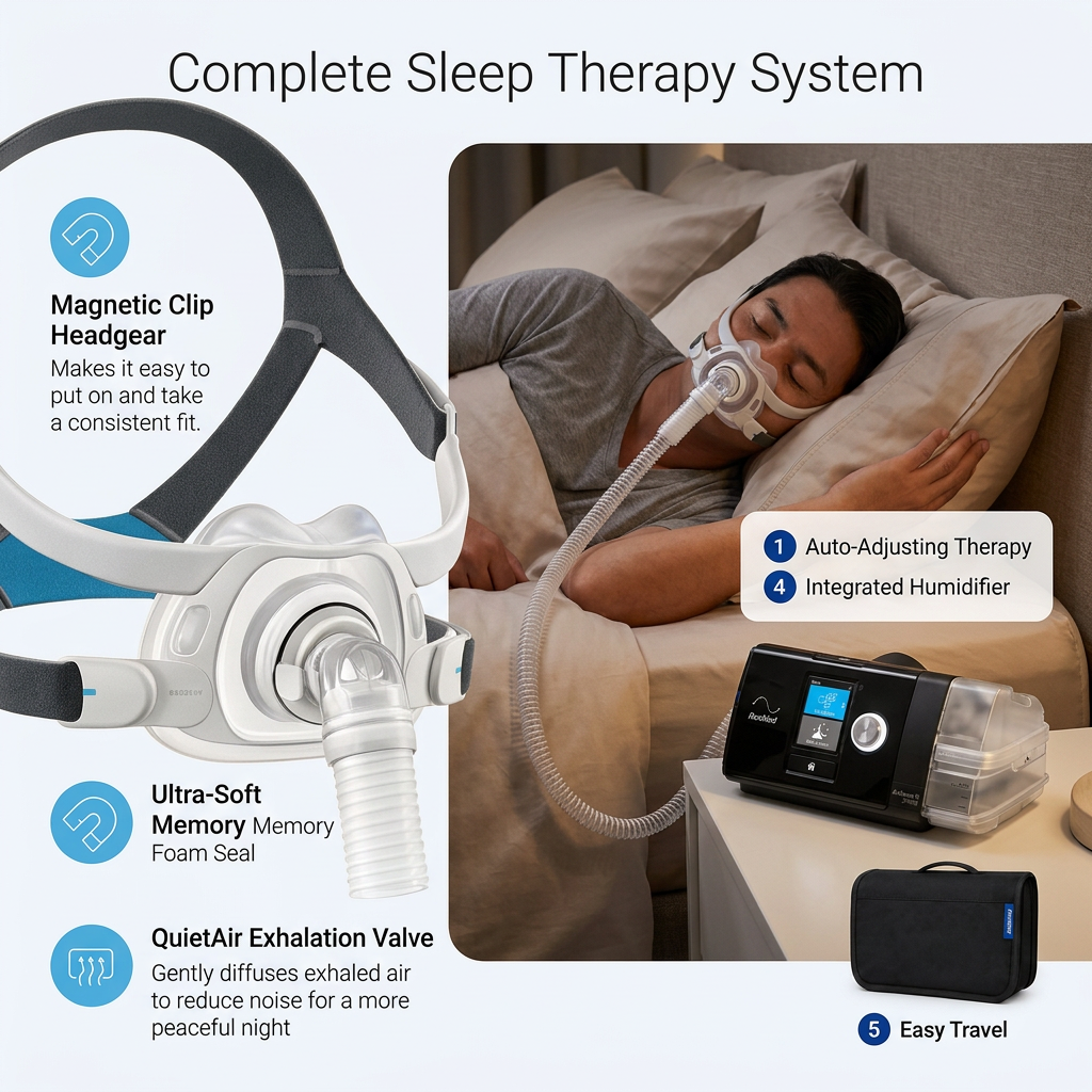 Sleep therapy system promotional graphic showing a sleep apnea mask and tubing on the left, a person sleeping with the mask on in bed on the right, and a small black carrying case on the lower right. Text highlights features such as magnetic clip headgear, ultra-soft memory foam seal, quiet air exhalation valve, and easy travel.