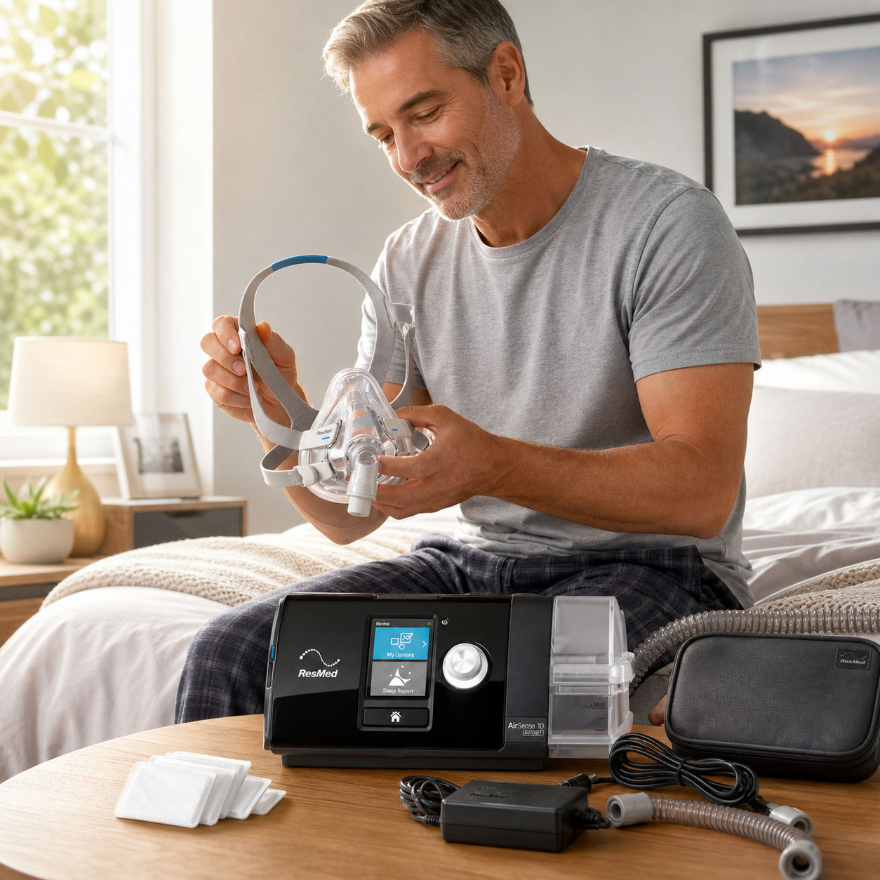 A man in a gray t-shirt sits on a bed in a bedroom setting, holding a Respironic sleep apnea mask. In the foreground, on a wooden table, is the Respironic CPAP machine with its accessories, including a carrying case, power adapter, and tubing.