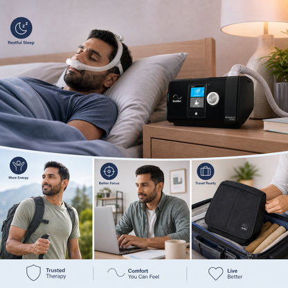 A sleep apnea breathing device shown in a bedroom scene with a man sleeping on a bed, plus three smaller lifestyle panels below showing the device and its carrying bag in use. The main product is a black Respair CPAP machine with a small display screen and hose, alongside a black carrying bag.