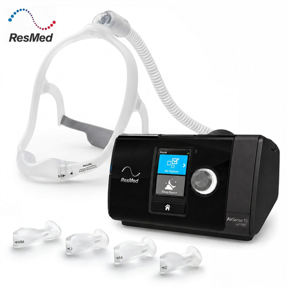 ResMed AirSense 10 CPAP machine with a white sleep mask and four clear nose tips on a white background, featuring the ResMed logo.