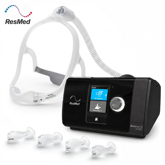ResMed AirSense 10 CPAP machine with a white sleep mask and four clear nose tips on a white background, featuring the ResMed logo.