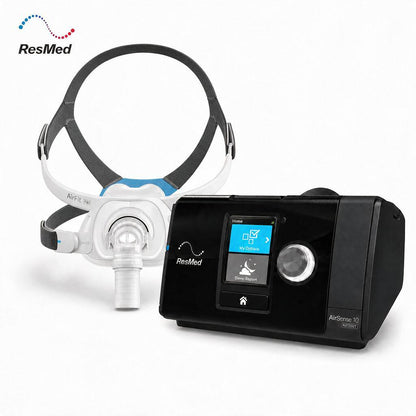 ResMed AirPneum 10 CPAP machine in black with a color screen, shown next to a white and blue sleep mask with a black headgear, on a white background.