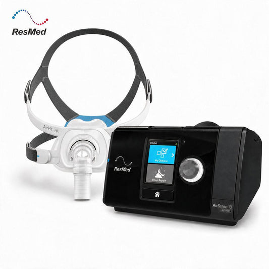 ResMed AirPneum 10 CPAP machine in black with a color screen, shown next to a white and blue sleep mask with a black headgear, on a white background.