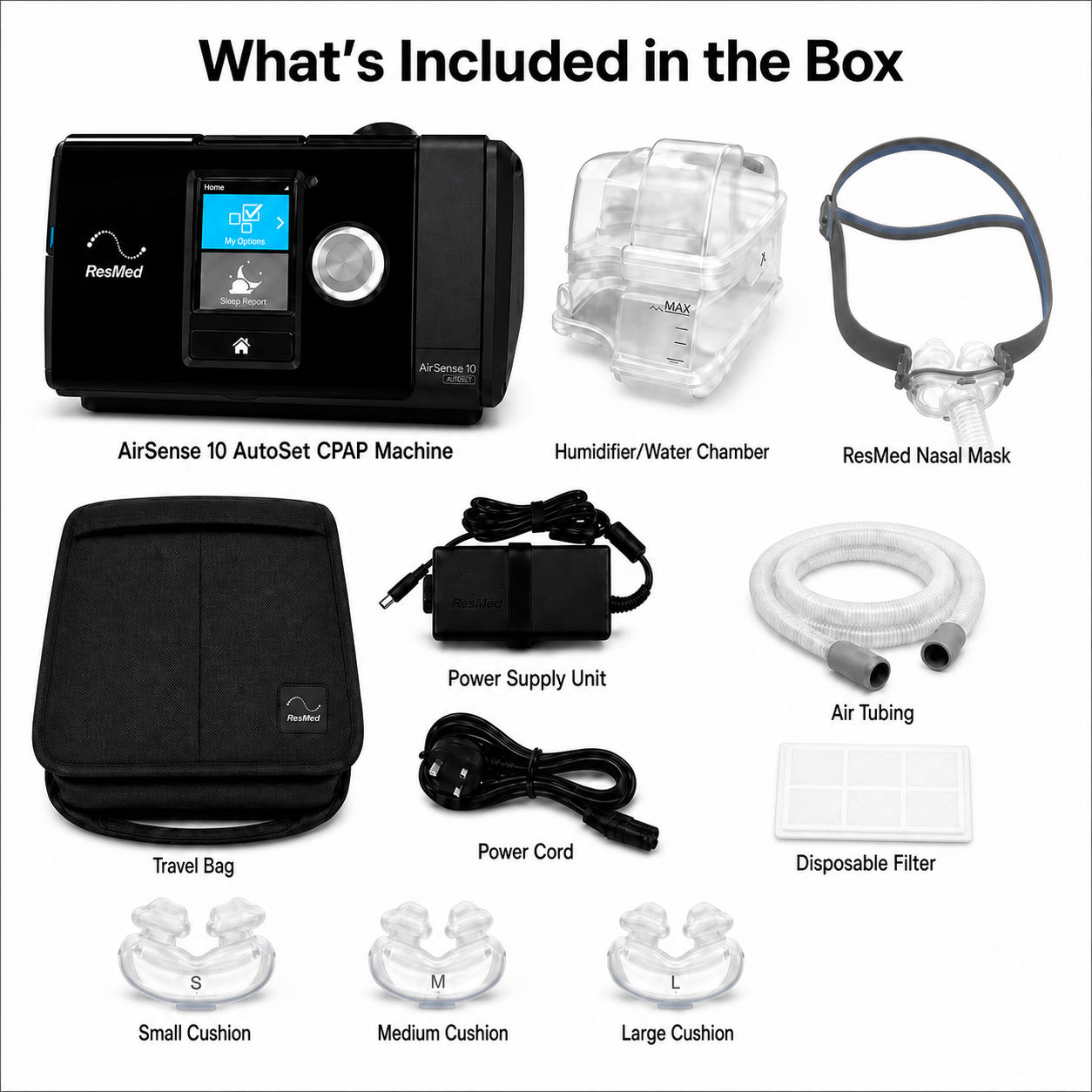 Box contents overview for an air sleep CPAP machine set, showing the black ResMed AirSense 10 CPAP machine, clear humidifier/water chamber, ResMed nasal mask, black travel bag, power supply unit, air tubing, disposable filter, and three cushion sizes labeled S, M, and L.