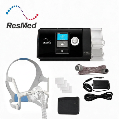 ResMed ASGenius 20 CPAP machine shown with included accessories on a white background: sleep cap, tubing, power adapter, cables, and replacement pads. The ResMed logo appears in the upper left.