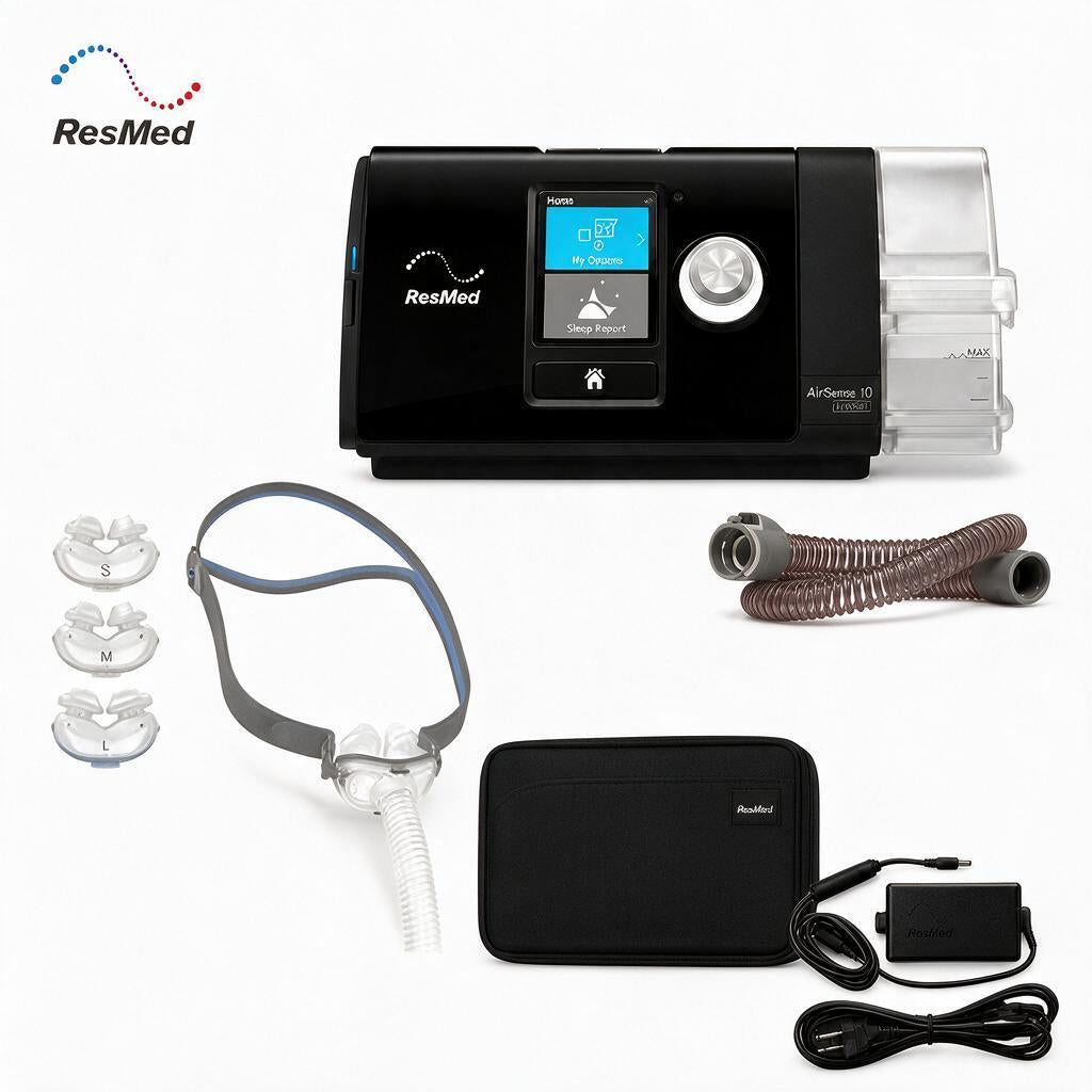 ResMed AirSense 10 CPAP machine with accessories including mask, headgear, tubing, carrying case, power adapter, and cables on a white background.