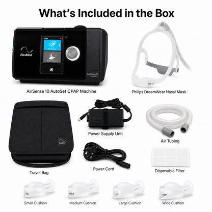 Box contents infographic for a RespMed AirSense 10 AutoSet CPAP machine, showing the black CPAP machine, Philips DreamWear nasal mask, travel bag, power supply unit, air tubing, disposable filter, and multiple pillow sizes on a white background with labeled text.
