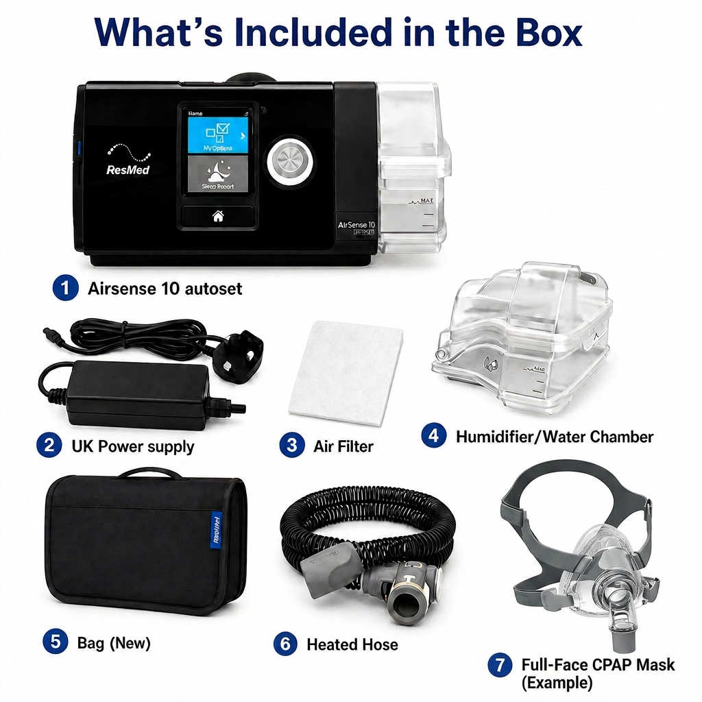 ResMed AirSense 10 CPAP machine shown with included accessories and numbered callouts on a white background: autoset controller, UK power supply, air filter, humidifier/water chamber, bag, heated hose, and full-face CPAP mask.