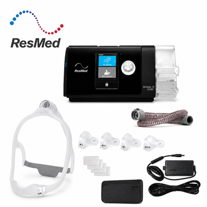 ResMed AirSeries S3 sleep apnea machine kit with accessories including mask, tubing, earpieces, nasal dilator inserts, power adapter, and cables on a white background.