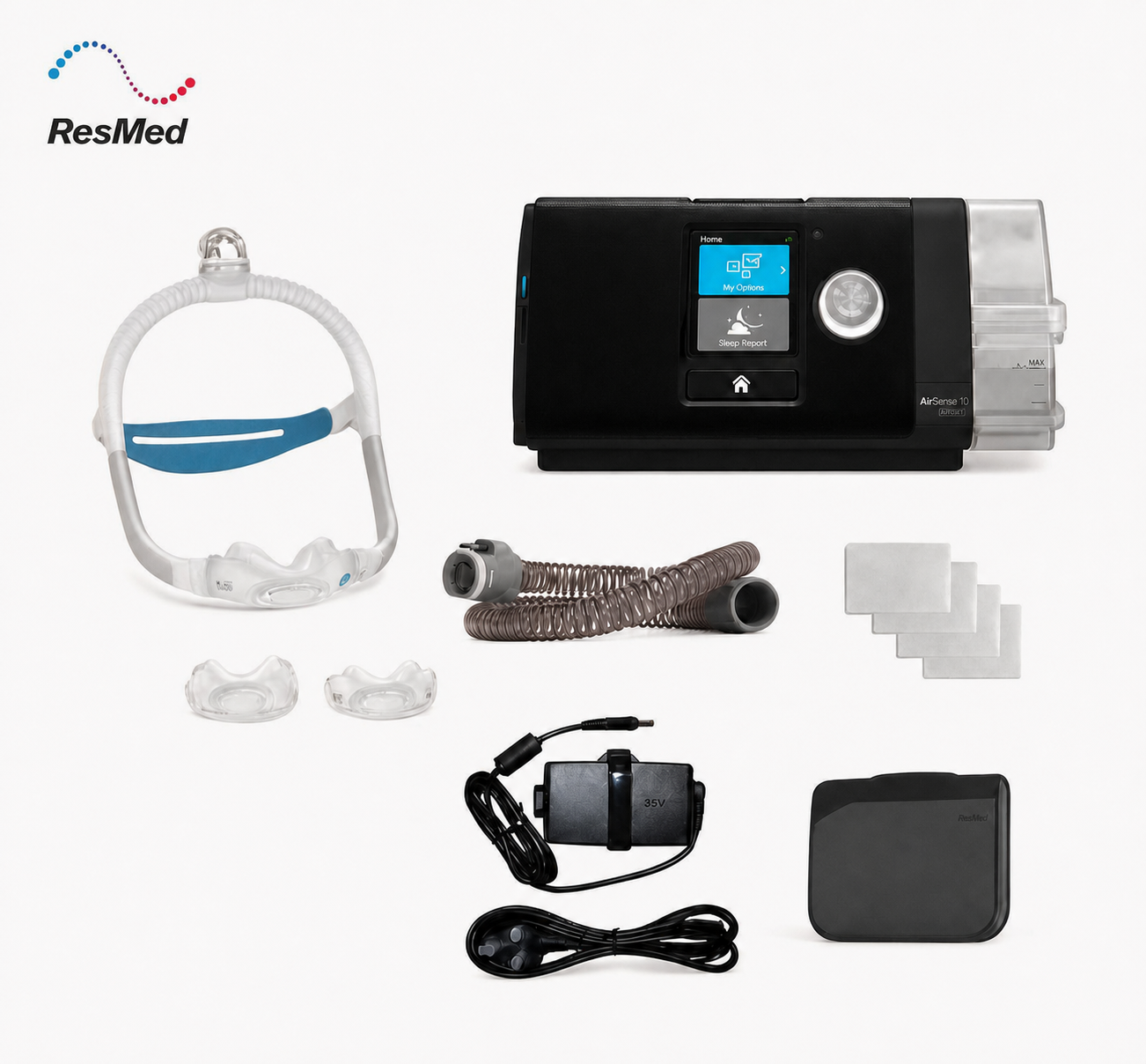 ResMed CPAP home sleep appliance kit on a white background, including the black CPAP machine, clear mask, nasal pillows, tubing, accessory cords, filter pads, and a black carrying case. ResMed logo is visible in the top left.