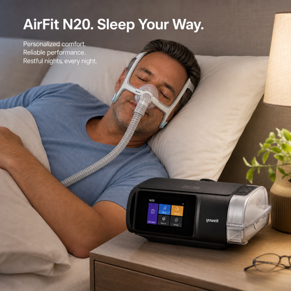 A man sleeping in bed wearing an AirFit N20 sleep mask with an attached breathing tube, with an AirFit N20 sleep machine on a bedside table in the foreground. Text on the image reads 'AirFit N20.