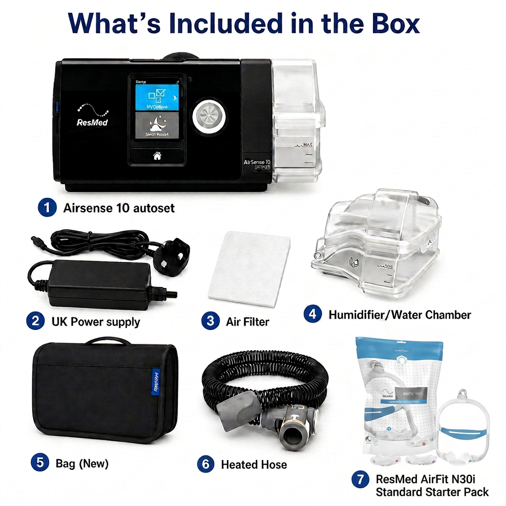 ResMed AirSense 10 CPAP machine shown with included accessories on a white background, labeled 1 through 7: Airsense 10 autosed, UK power supply, air filter, humidifier/water chamber, bag, heated hose, and mask packaging.