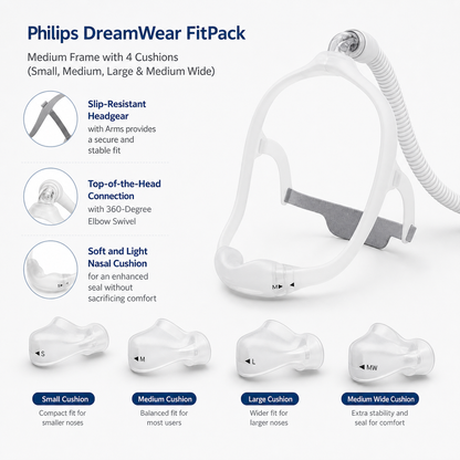 Philips DreamWear FitPack CPAP mask shown on a light gray background with feature callouts and six cushion size options labeled Small, Medium, Large, and Medium Wide.