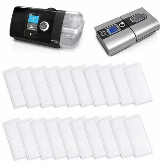 A portable home oxygen therapy device shown from two angles, with multiple white replacement filter pads arranged below on a clean white background.