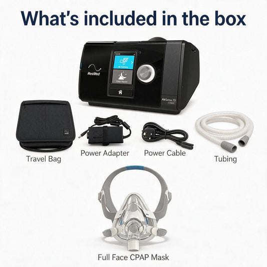 Headsleep AirPneum 10 CPAP machine shown with included accessories on a white background: travel bag, power adapter, power cable, tubing, and full face CPAP mask. Text at the top reads 'What's included in the box'.