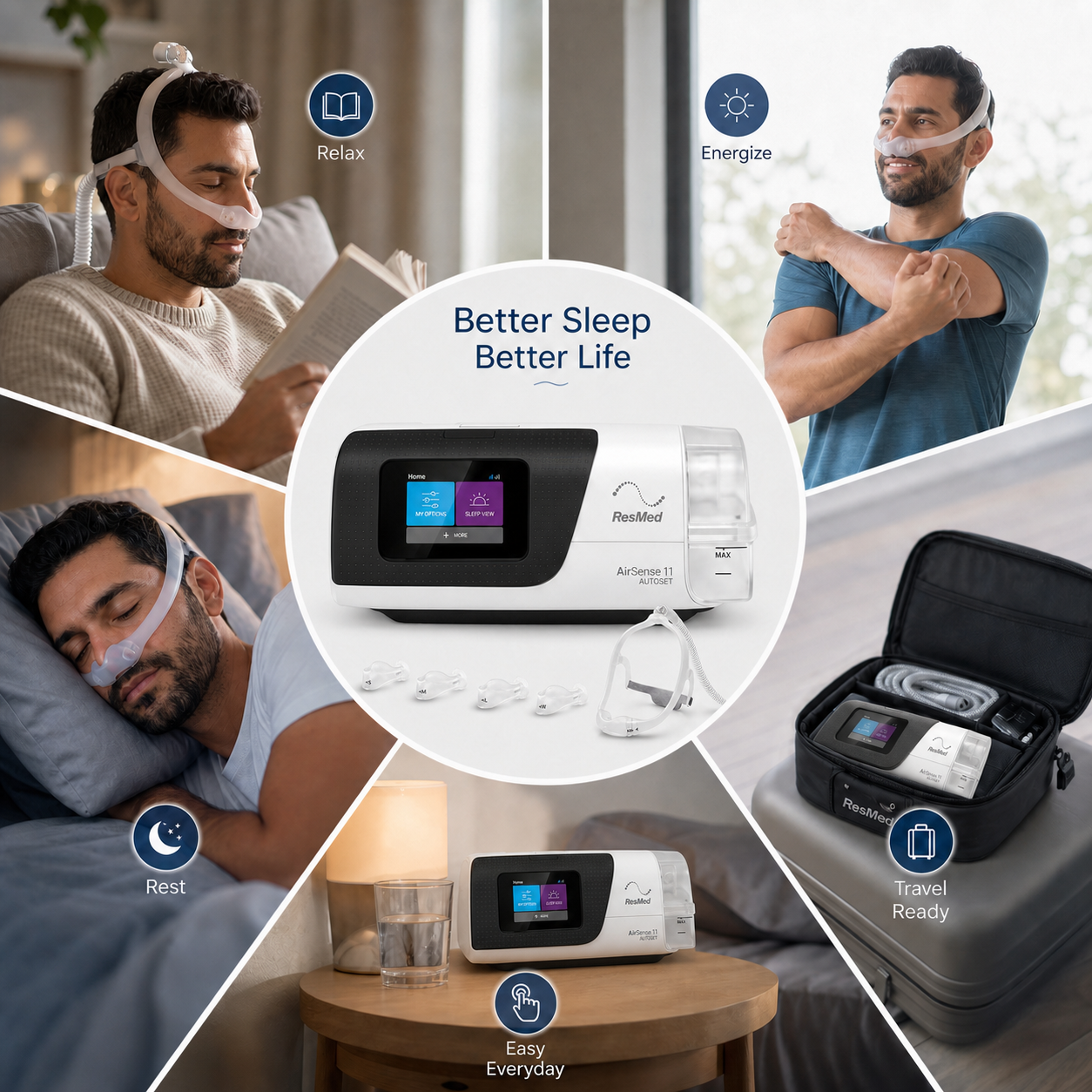 A promotional collage for a sleep apnea and breathing device. The center shows the device and accessories, with the text 'Better Sleep Better Life.