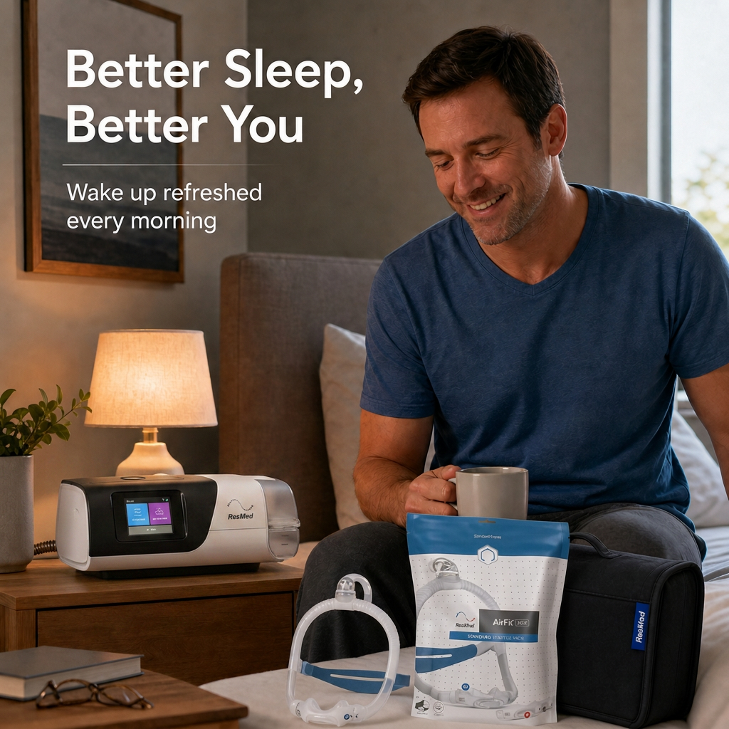 A man sits in bed smiling while using a sleep monitoring device on a bedside table, with a mask, accessory pouch, and product packaging shown in the foreground. Text on the image reads, 'Better Sleep, Better You' and 'Wake up refreshed every morning.
