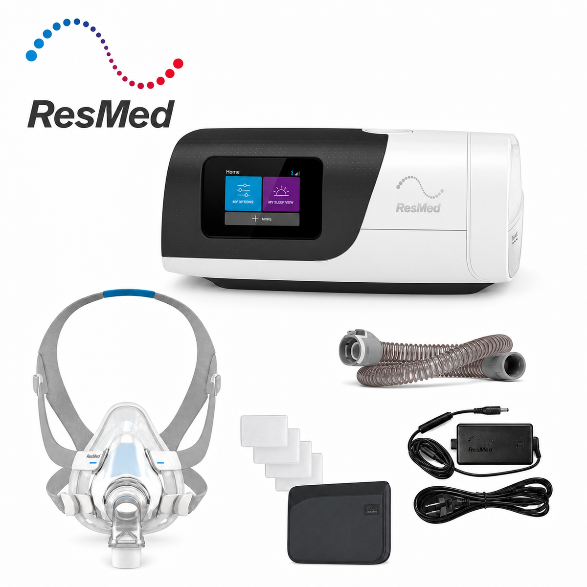 ResMed CPAP machine kit on a white background, including the main CPAP unit with a color display screen, a sleep mask with gray headband, a breathing tube, power adapter, cables, and accessory pads. ResMed logo is visible in the top left.