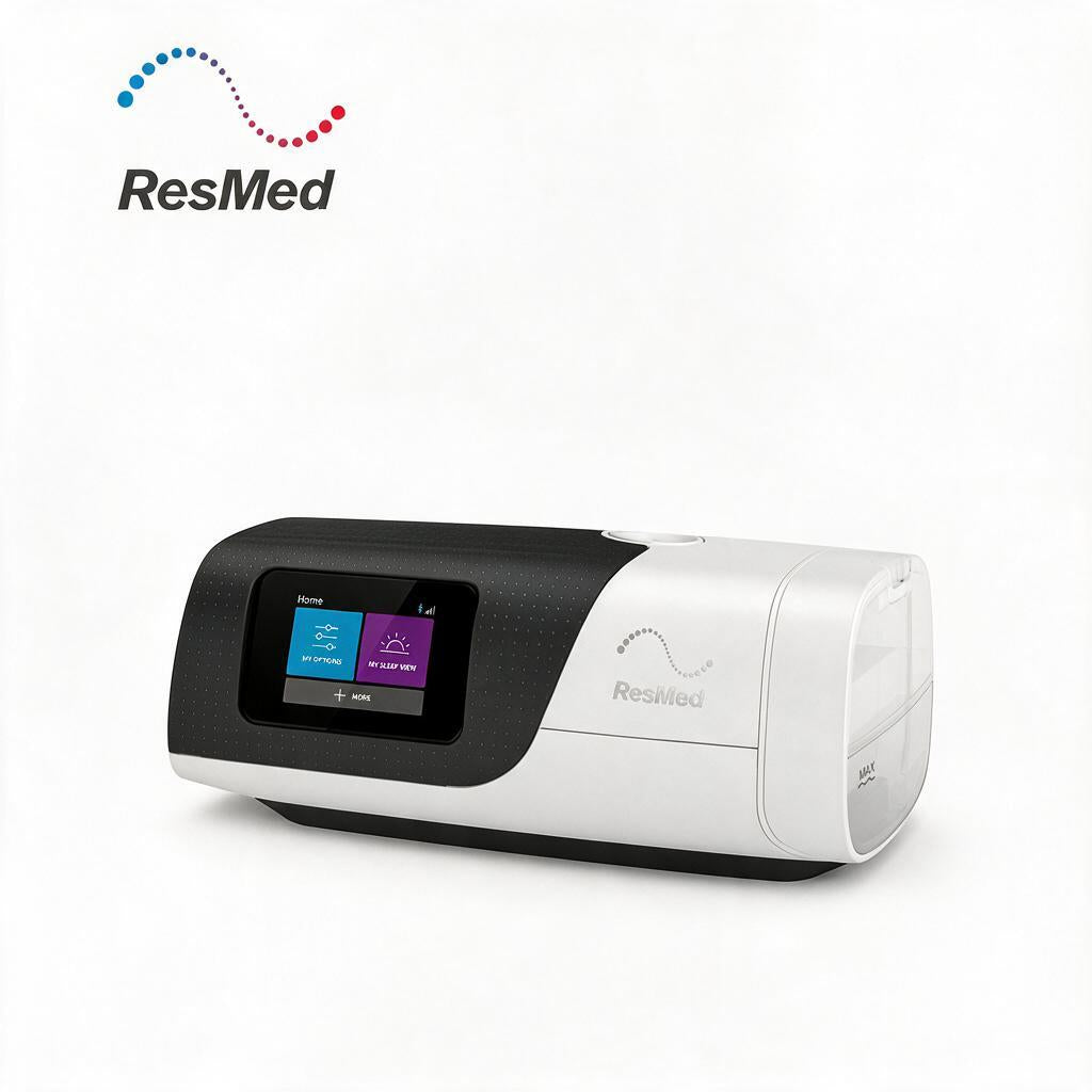 ResMed portable home oxygen concentrator in white and black, featuring a digital display screen, shown on a clean white background with the ResMed logo in the top left corner.