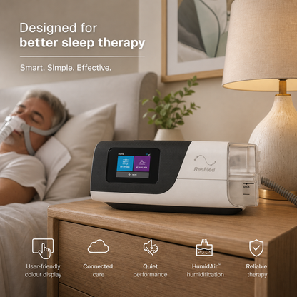 A RespMed sleep apnea machine placed on a wooden bedside table in a bedroom, with a man wearing a sleep mask resting in bed in the background. Text on the image reads 'Designed for better sleep therapy' and includes feature icons at the bottom.