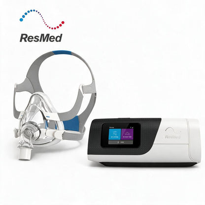 ResMed sleep apnea device set featuring a clear and gray full-face mask with blue accents, shown next to a white and black sleep monitor with a color display screen. The ResMed logo is visible in the top left corner.